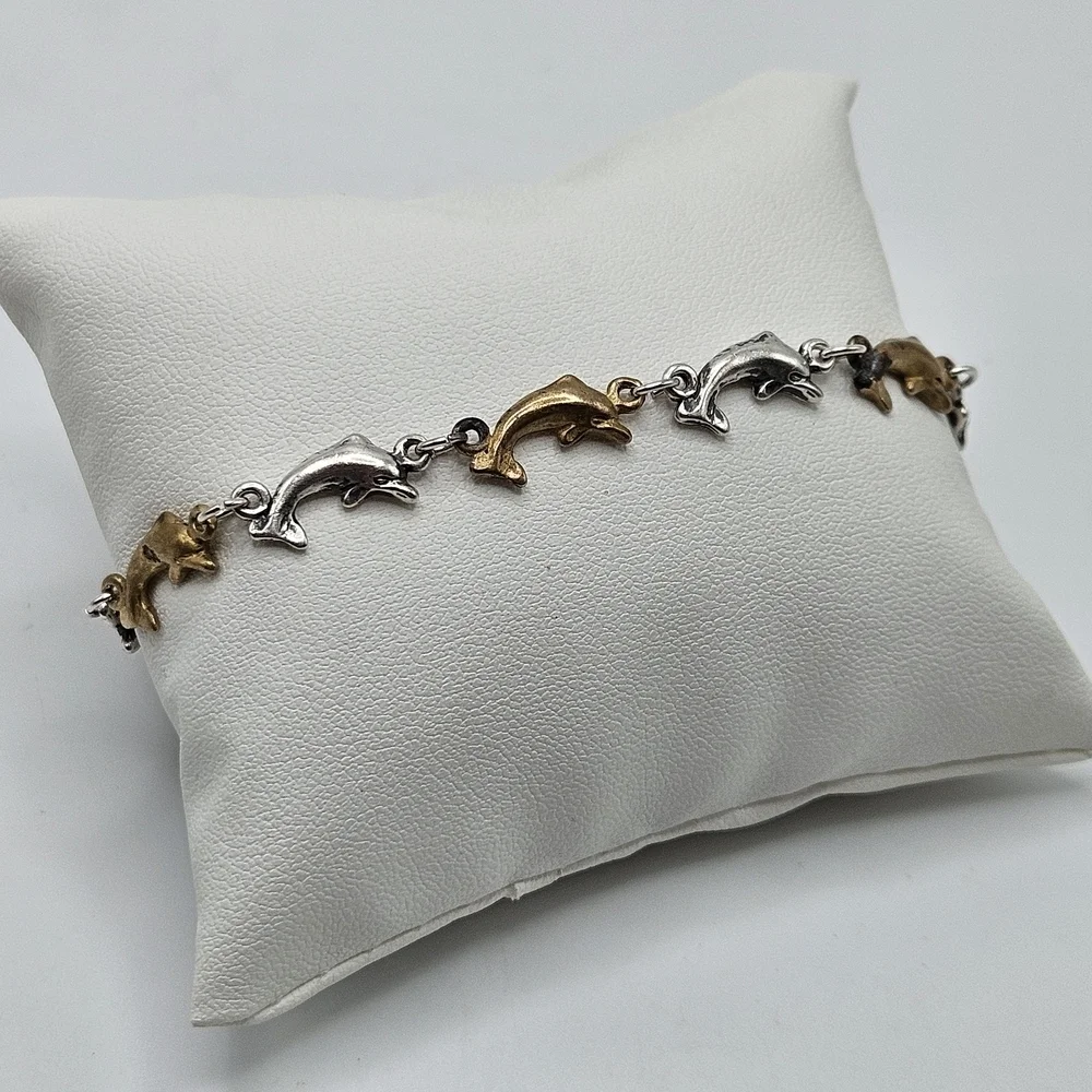 VINTAGE Sterling Silver 925 Silver & Gold Tone Leaping Dolphin Link Bracelet